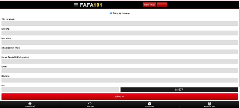 Giao diện đăng ký tài khoản FAFA191 khá tối giản